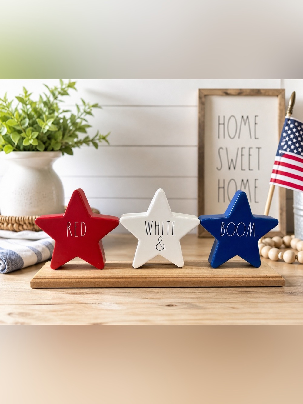 NEW Rae Dunn Metal RED WHITE & BOOM Patriotic Star Decor on Wood Base 🇺🇸